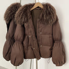 OFTBUY New Winter Loose Top Clothes Women Real Fox Fur Fluffy Puffer Jacket Female Lantern Sleeves Natural Fur Collar Down Coat