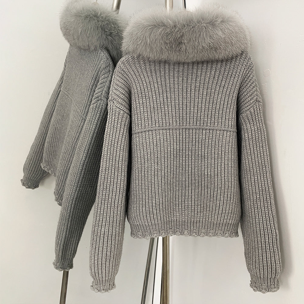 OFTBUY Short Natural Fox Fur Collar Knitted Sweater Coat FemaleReal Fur Clothing New Autumn Winter Knitting Cardigan Women