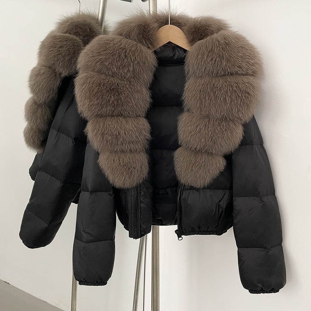 OFTBUY New Puffer Jacket Women with Large Natural Fox Fur Collar Short Fluffy Thick Parkas Female 90% White Duck Down Coat Lady