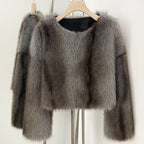 OFTBUY Luxury Collarless Faux Fur Jacket - Chic Short Fluffy Vegan Fur Coat for Women
