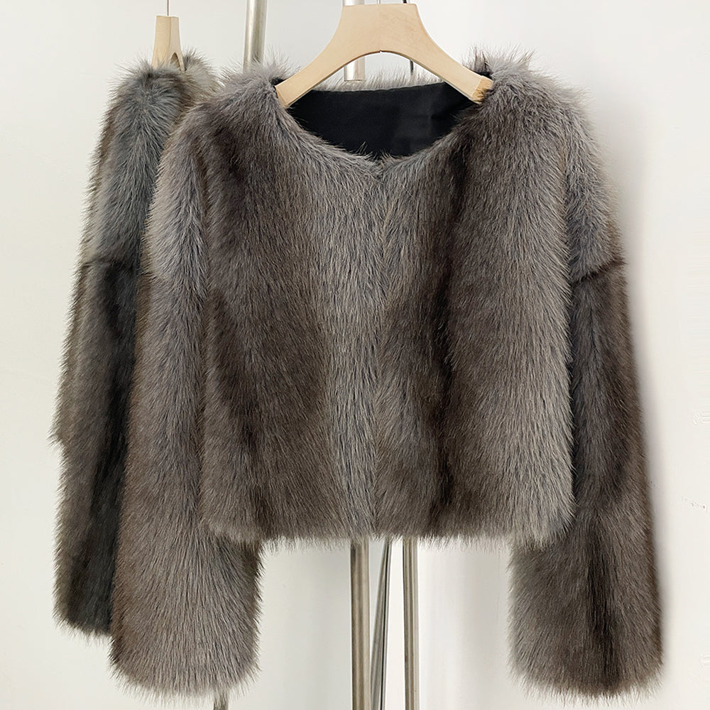OFTBUY Luxury Collarless Faux Fur Jacket - Chic Short Fluffy Vegan Fur Coat for Women