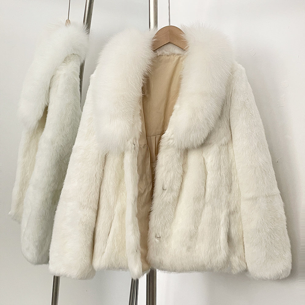 OFTBUY Natural Rabbit Fur Coat Female New Thickened Warm Top Clothing Women Fashion Fluffy Real Fox Fur Collar Jacket Lady