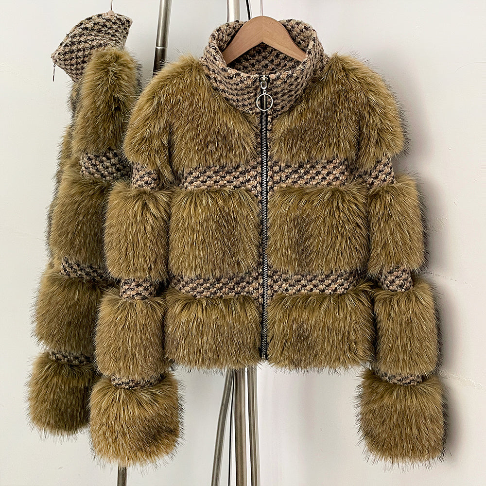 OFTBUY Luxury Wool Blend Tweed & Vegan Fur Panelled Jacket - Chic Cropped Zip-Up Coat with Funnel Neck