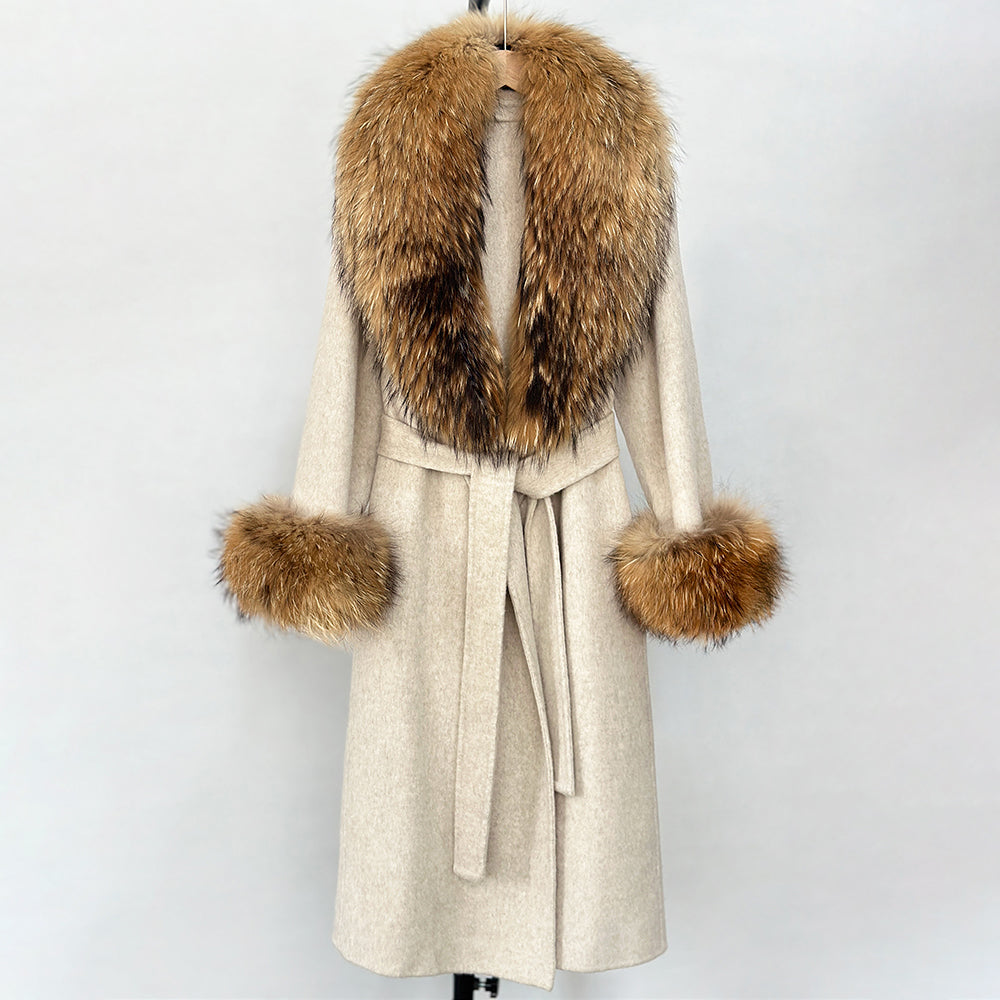 OFTBUY Fashion Warm Woolen Jacket with Real Fox Fur Collar and Cuffs New Autumn Winter Wool Clothing Women Long Belt Outerwear