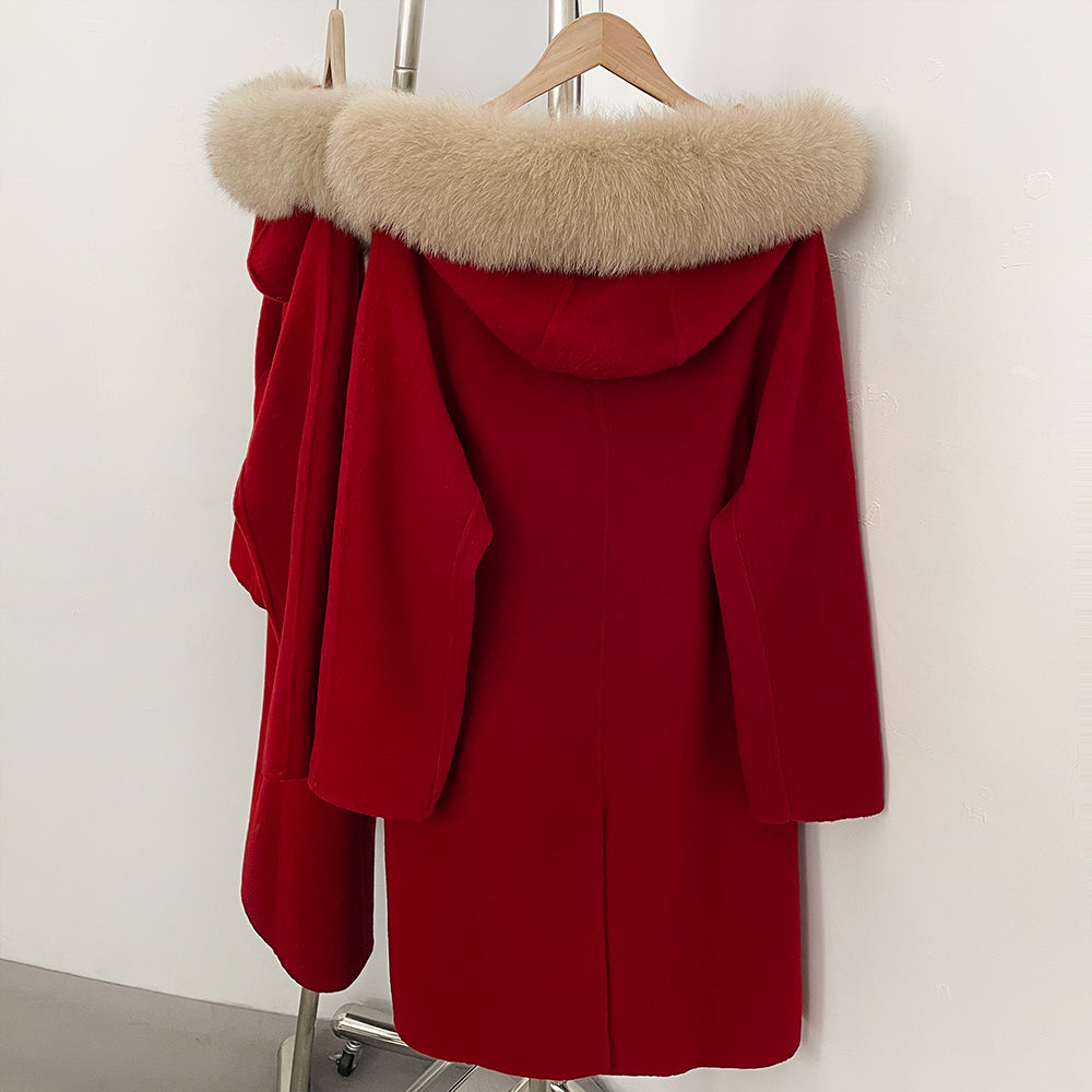 OFTBUY New Autumn Winter Natural Fur 100% Woolen Clothing Long Hooded Real Fox Fur Collar Elegant Double-sided Wool Coat Female