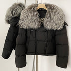 OFTBUY New Short Winter Clothing Women Thickened Warm Fluffy Raccoon Fur Puffer Jacket Female Real Fox Fur Collar Down Coat