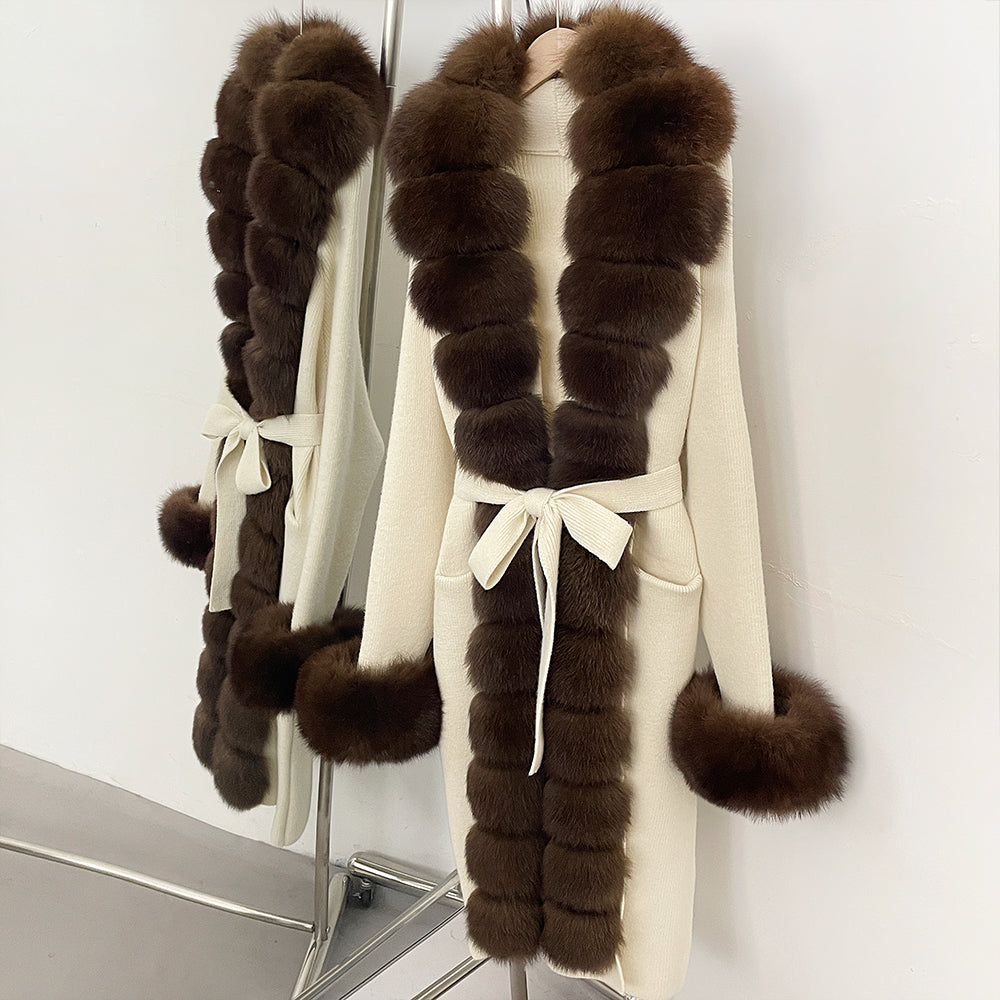 OFTBUY Cardigan Sweater New Women's Knit Long Coat with Full Real Fox Fur Belted Pockets Warm Winter Elegant Fashion Outerwear