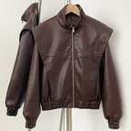 OFTBUY New Spring Autumn Clothes Wholesale Faux Leather Jacket Women Fashion Short Fake Leather Female Short Brown Overcoat Lady