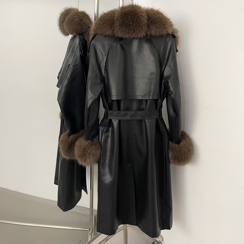 OFTBUY New Autumn Winter Clothes Women Long Faux Fur Jacket Female Fashion Vintage Belt Faux Leather Coat Outerwear Streetwear