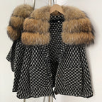 OFTBUY Women's Real Fox Raccoon Fur Collar Houndstooth Knit Cardigan Warm Winter Sweater Coat Female Luxury Elegant Outerwear