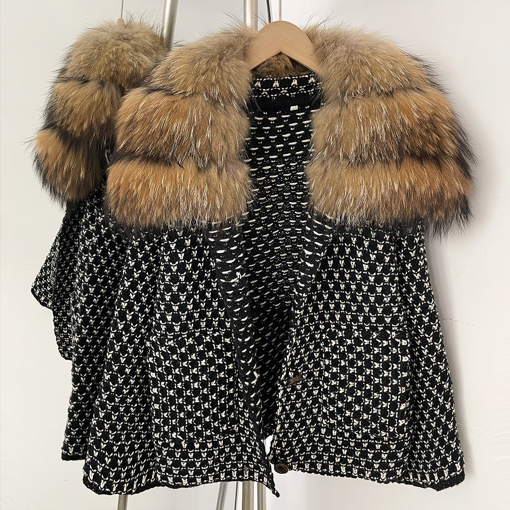 OFTBUY Women's Real Fox Raccoon Fur Collar Houndstooth Knit Cardigan Warm Winter Sweater Coat Female Luxury Elegant Outerwear