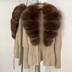 OFTBUY Luxury 100% Cotton Jacket with Real Fox Fur Collar New Autumn Winter Knit Cardigan Women Slim Warm Sweater Outerwear Lady