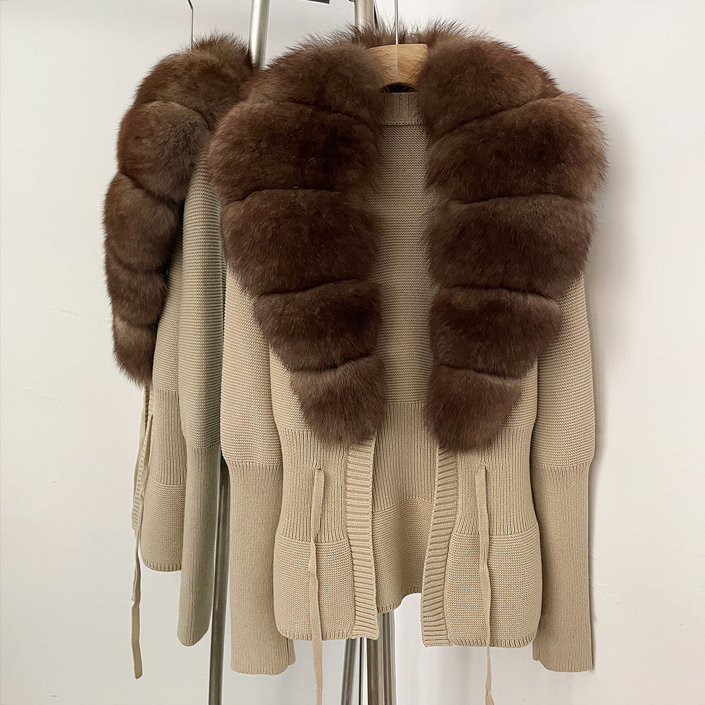 OFTBUY Luxury 100% Cotton Jacket with Real Fox Fur Collar New Autumn Winter Knit Cardigan Women Slim Warm Sweater Outerwear Lady