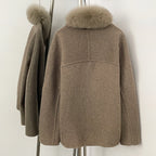 OFTBUY New Winter Woolen Clothes Women Short Belt Real Fox Fur Collar 100% Wool Jacket Feamle V-neck Loose Warm Natural Fur Coat