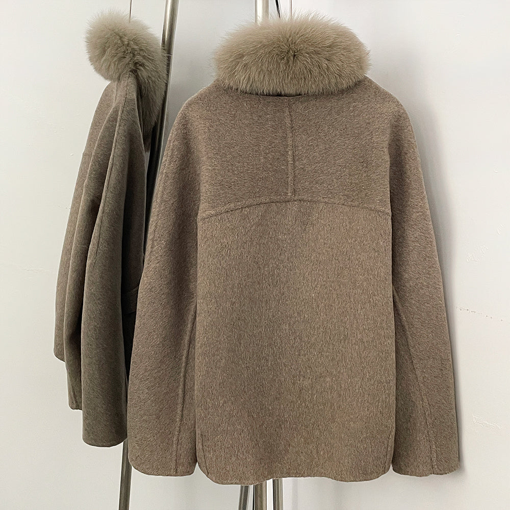 OFTBUY New Winter Woolen Clothes Women Short Belt Real Fox Fur Collar 100% Wool Jacket Feamle V-neck Loose Warm Natural Fur Coat