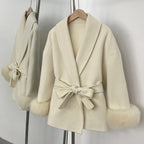 OFTBUY 100% Wool Wrap Belted Short Coat - Wide Shawl Lapel Real Fox Fur Cuff Luxury Double Sided Wool Jacket