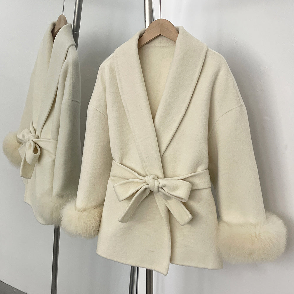 OFTBUY 100% Wool Wrap Belted Short Coat - Wide Shawl Lapel Real Fox Fur Cuff Luxury Double Sided Wool Jacket