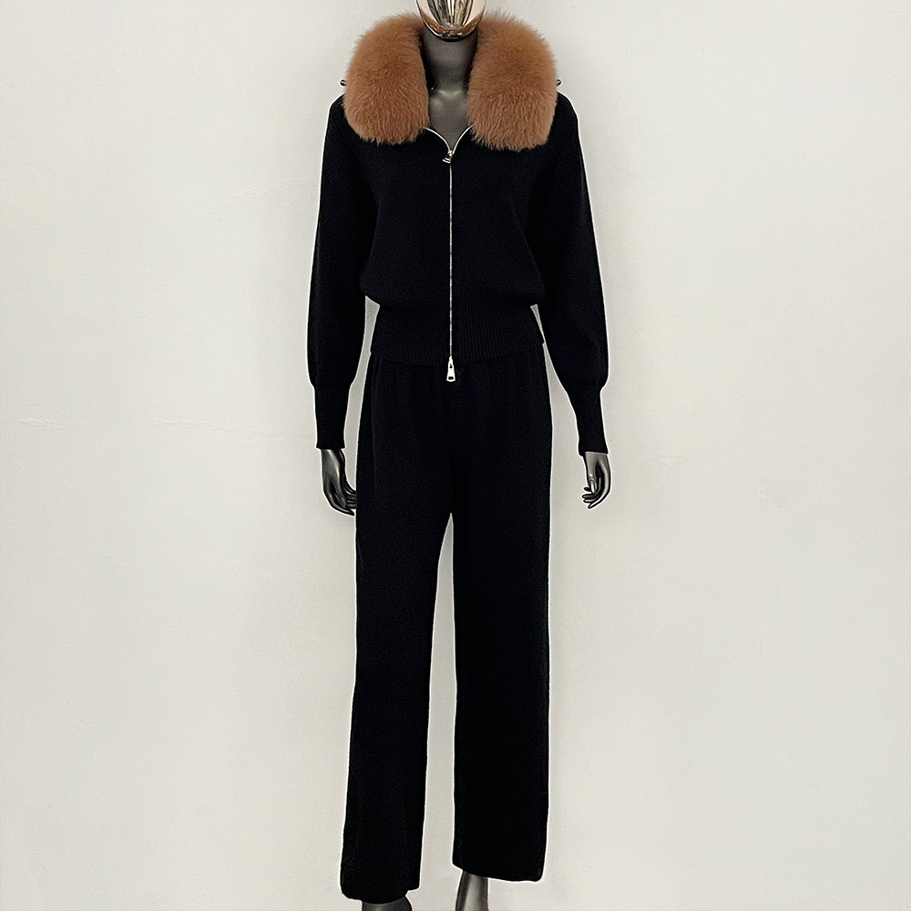 OFTBUY Winter New Women's Knitted Tracksuit Set with Fox Fur Collar Zipper Jacket Wide Leg Pants Luxury Casual Two-Piece Outfit
