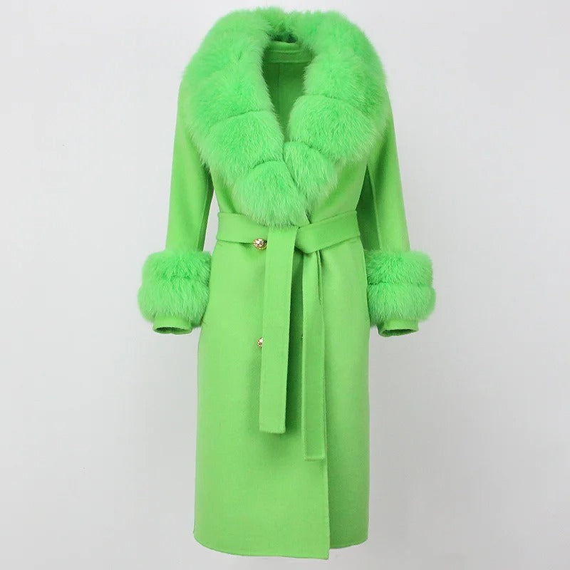OFTBUY Winter Jacket Women Long Natural Wool Blends Cashmere Real Fur Coat Double Breasted Belt Warm Streetwear New Fashion
