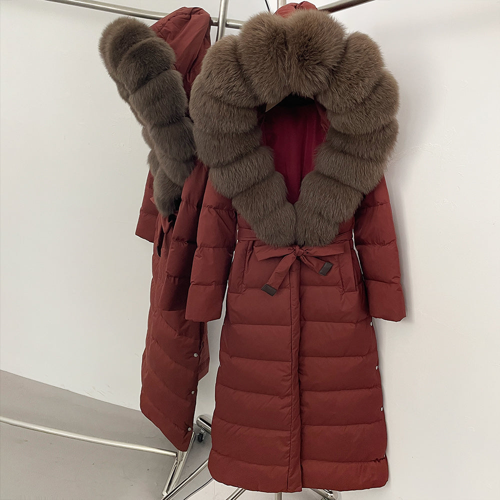 OFTBUY Hooded Winter White Duck Down Coat Large Real Fox Fur Collar X-Long Puffer Jacket Women Thick Female Parkas With Belt
