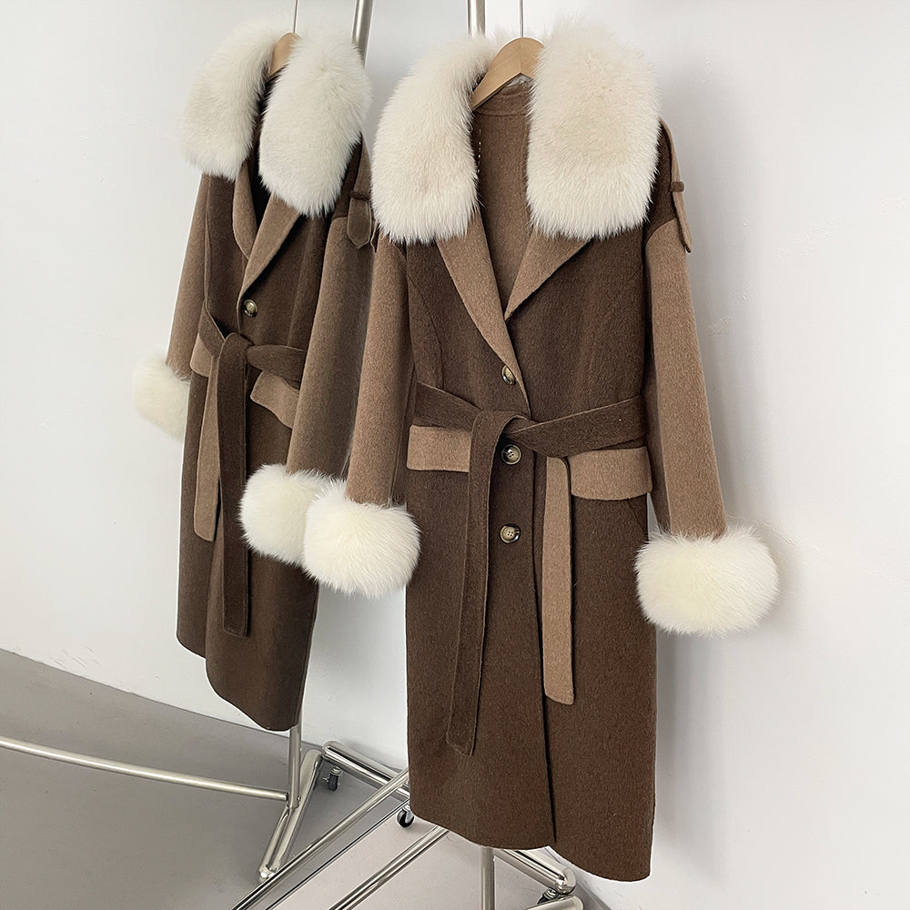 OFTBUY New Winter Real Fur Collar Clothes Women Patchwork Double-faced Woolen Cashmere Coat Real Fox Fur Cuff Wool Jacket Female