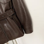 OFTBUY New Women's Faux Leather Jacket with Teddy Fur Collar Belted Waist Pockets Vintage Streetwear Fashion Outerwear Female