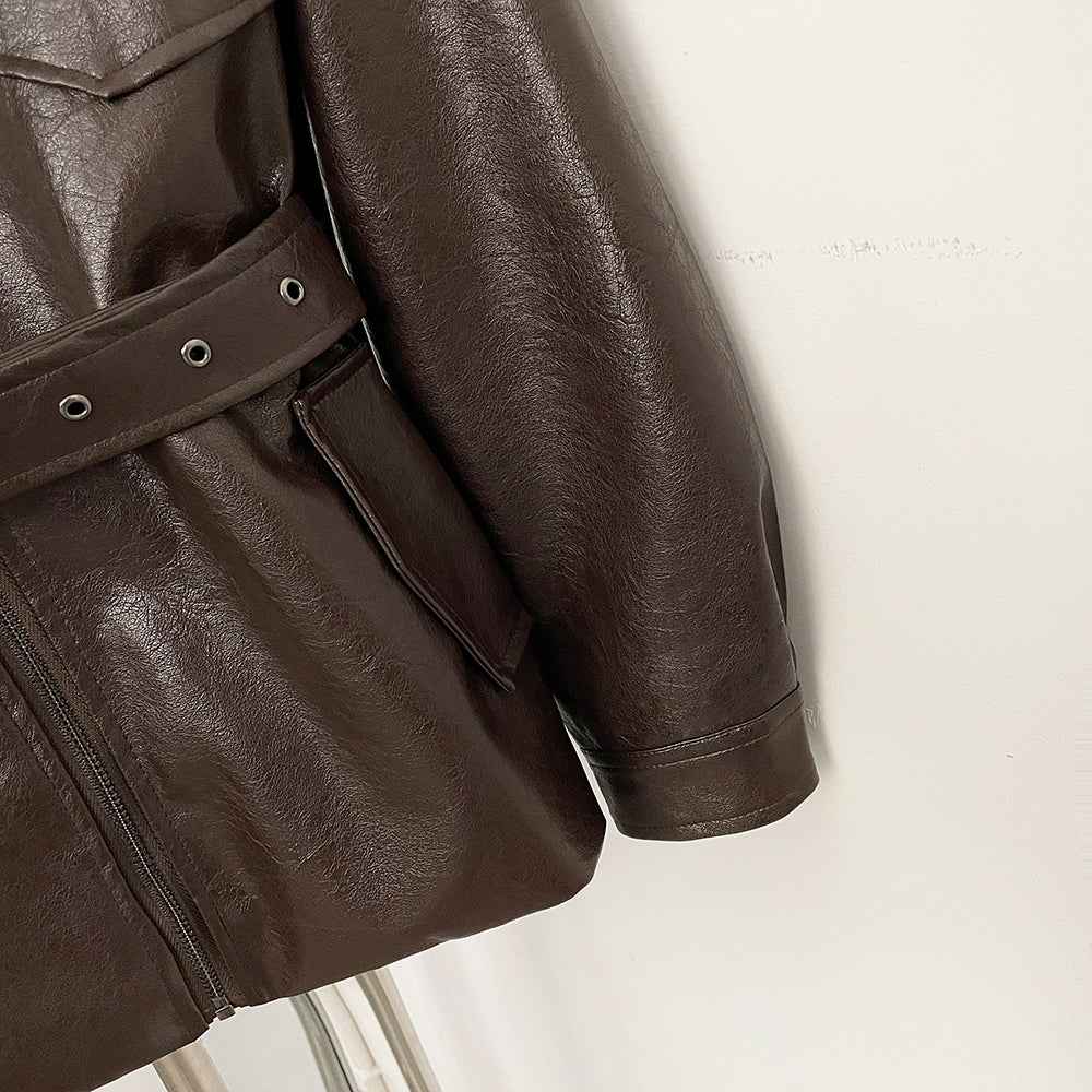 OFTBUY New Women's Faux Leather Jacket with Teddy Fur Collar Belted Waist Pockets Vintage Streetwear Fashion Outerwear Female