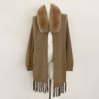 OFTBUY New Women's 100% Wool Knit Cape Coat with Real Fox Fur Collar Tassel Trim Warm Winter Elegant Outerwear Sweater Female