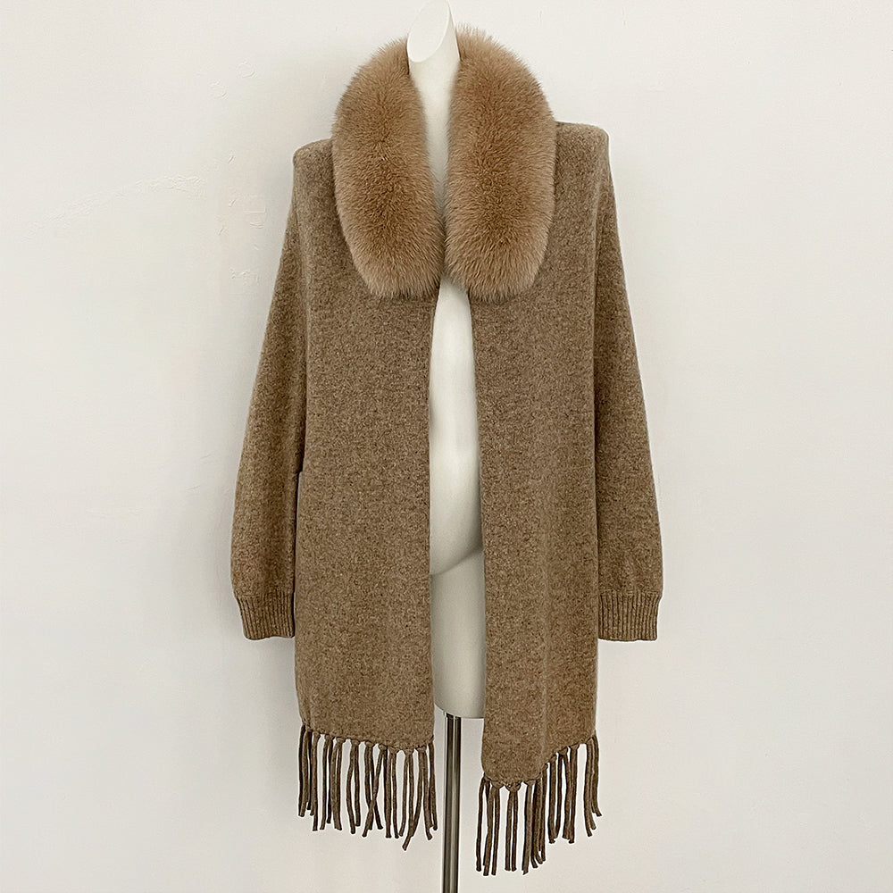 OFTBUY New Women's 100% Wool Knit Cape Coat with Real Fox Fur Collar Tassel Trim Warm Winter Elegant Outerwear Sweater Female