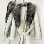 OFTBUY Fashion Thick Warm Real Rabbit Fur Coat Lady New Autumn Winter Top Clothes Women Long Sleeve Fox Fur Collar Fluffy Jacket