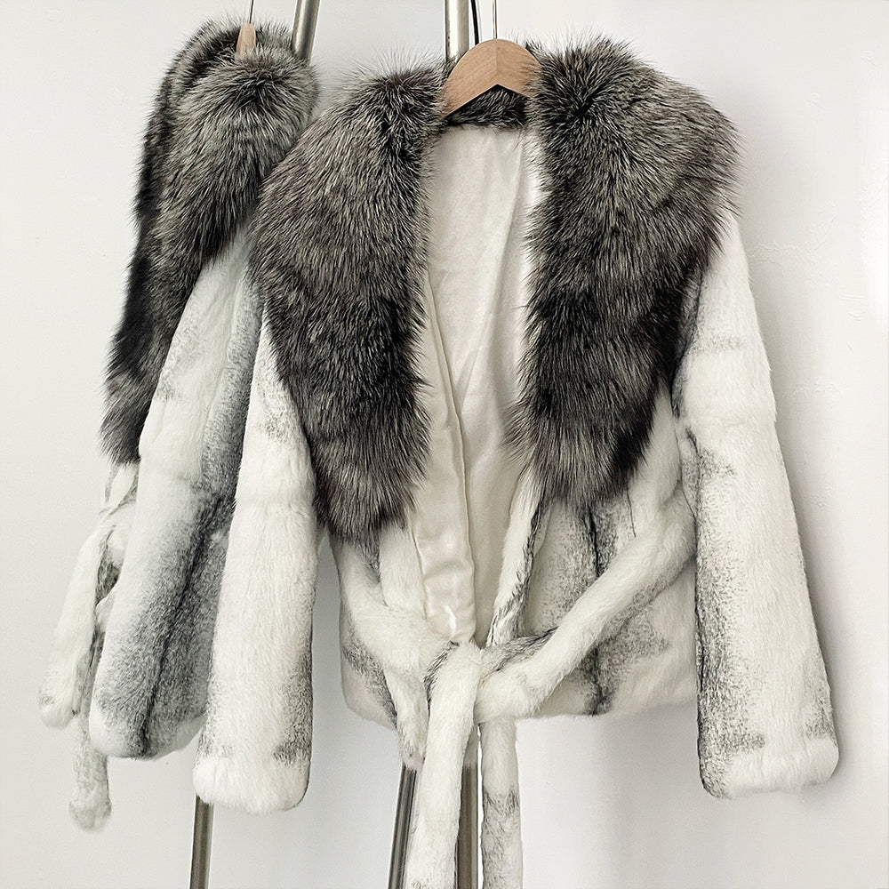 OFTBUY Fashion Thick Warm Real Rabbit Fur Coat Lady New Autumn Winter Top Clothes Women Long Sleeve Fox Fur Collar Fluffy Jacket
