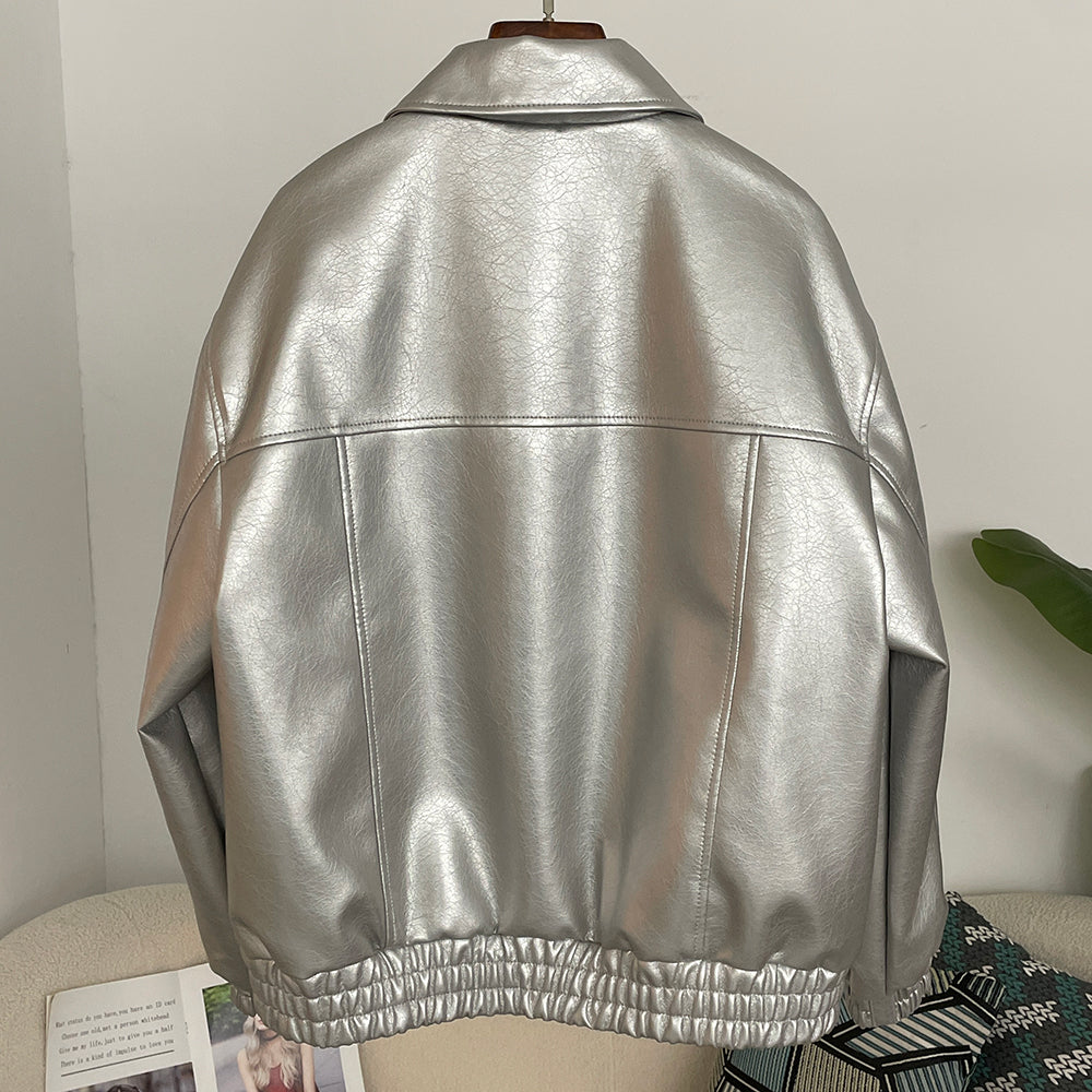 OFTBUY Women's Faux Leather Zip Up Jacket Lapel Collar PU Coat with Pockets new autumn winter Casual Vintage Outerwear female