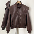 OFTBUY New Spring Autumn Clothes Wholesale Faux Leather Jacket Women Fashion Short Fake Leather Female Short Brown Overcoat Lady
