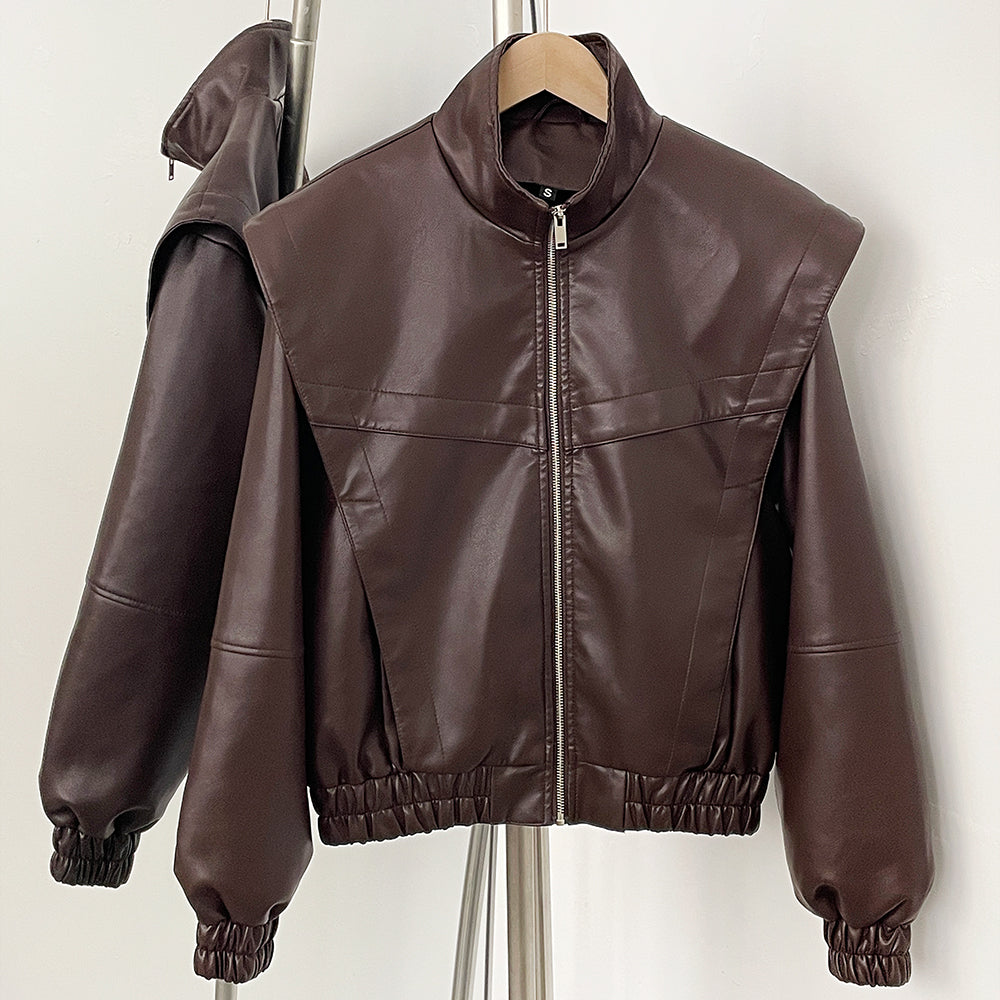OFTBUY New Spring Autumn Clothes Wholesale Faux Leather Jacket Women Fashion Short Fake Leather Female Short Brown Overcoat Lady