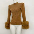 OFTBUY Luxury Mock Neck Ribbed Knit Top with Oversized 100% Real Fox Fur Cuffs