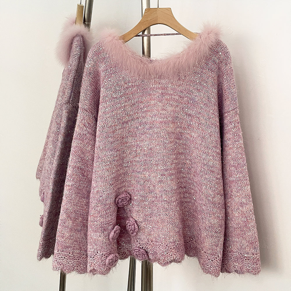 OFTBUY New Spring Autumn Loose Sequins Clothes Women Flowers Bow Knit Pullovers Jacket Female Real Fox Fur Back-length Sweater