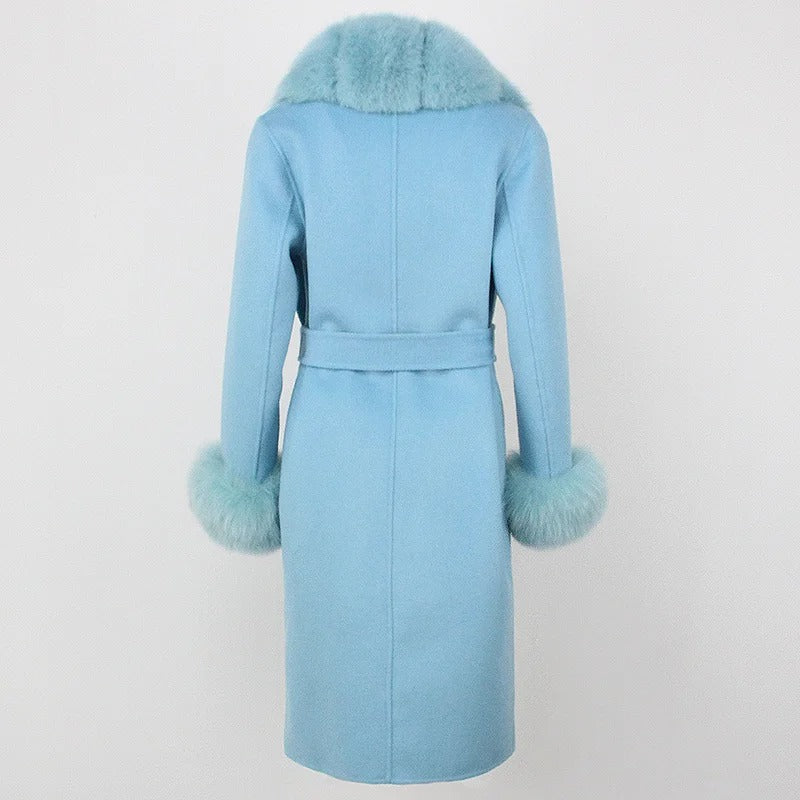 OFTBUY Winter Jacket Women Long Natural Wool Blends Cashmere Real Fur Coat Double Breasted Belt Warm Streetwear New Fashion