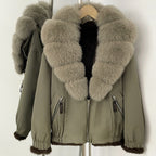 OFTBUY Luxury Real Fox Fur Collar Parka - Premium Real Rabbit Fur Lined Bomber Jacket for Extreme Cold