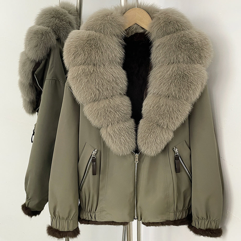 OFTBUY Luxury Real Fox Fur Collar Parka - Premium Real Rabbit Fur Lined Bomber Jacket for Extreme Cold