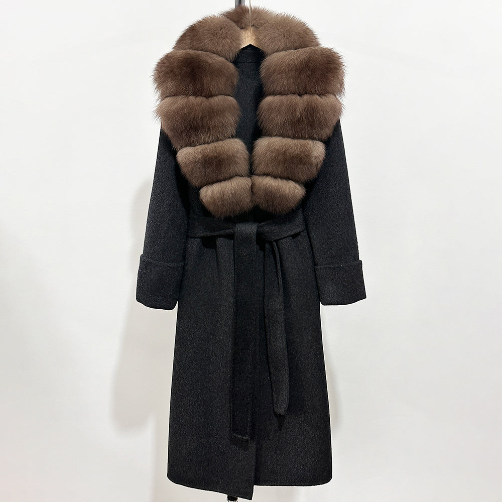 OFTBUY Long Belt 100% Wool Coat with Real Fox Fur Collar Warm Natural Fur Woolen Jacket Female New Autumn Winter Clothing Women