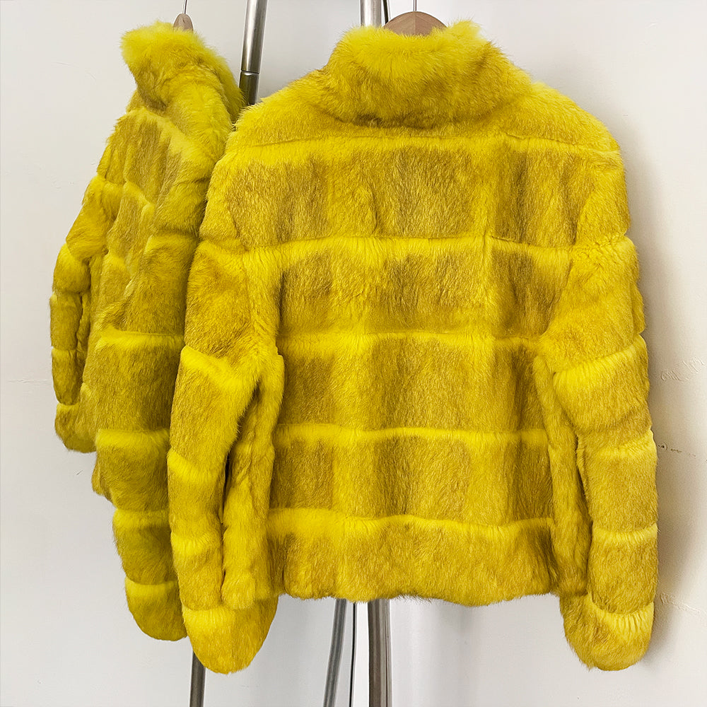 OFTBUY Women Horizontal Striped Real Rabbit Fur Coat Luxury Camel Fur Jacket with Stand Collar New Warm Winter Outerwear Female