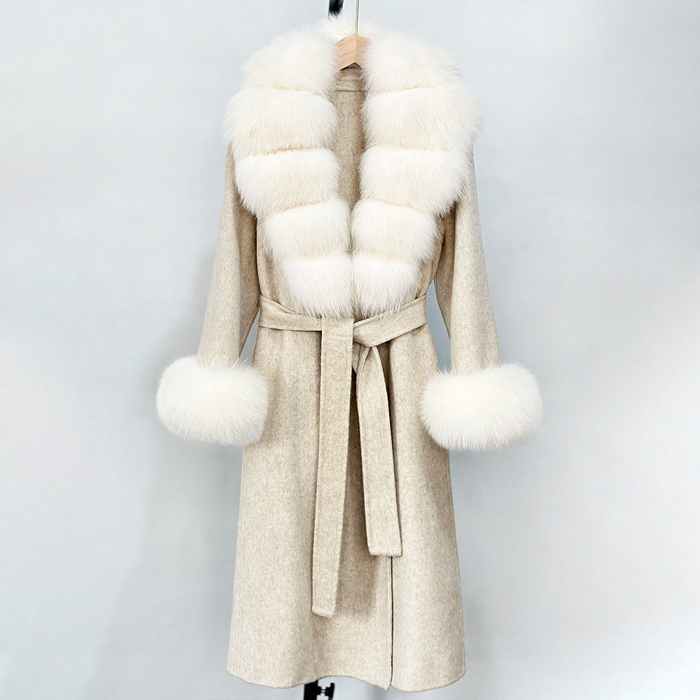 OFTBUY Fashion Warm Woolen Jacket with Real Fox Fur Collar and Cuffs New Autumn Winter Wool Clothing Women Long Belt Outerwear