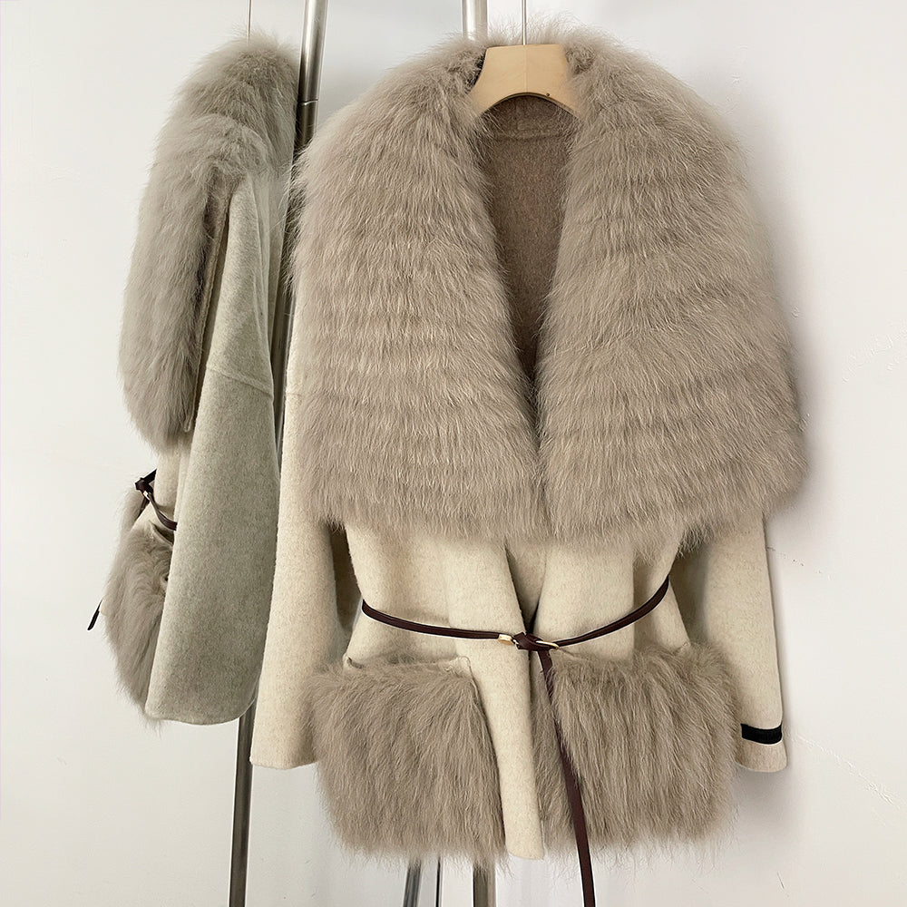 OFTBUY Fur Pockets Winter Luxury Outerwear Woolen Jacket Female New Women's Double Face Wool Coat with Large Real Fox Fur Collar