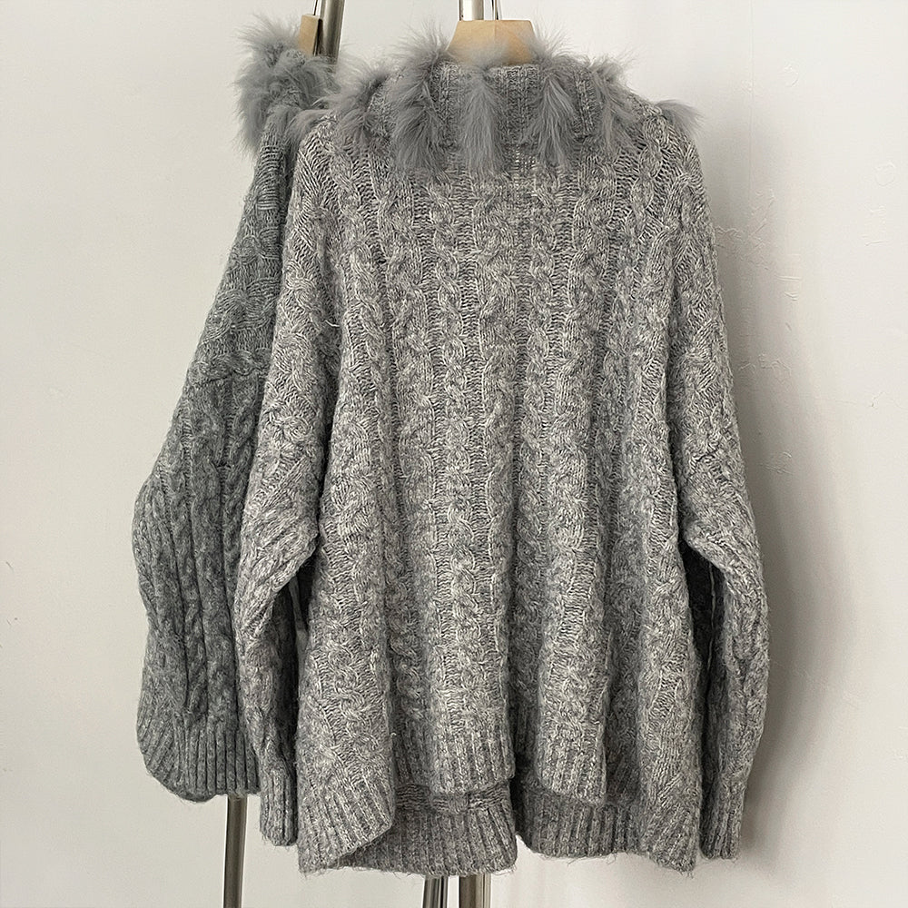 OFTBUY New Spring Warm Top Knitted Clothing Female Oversize Resl Fox Fur Cardigan Sweater Coat Women Loose Knitting Knitwear