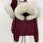 OFTBUY New Women's Beige Knit Hoodie with Large Real Fox Fur Trim Zipper Pockets Warm Winter Fashion Casual Outerwear Lady