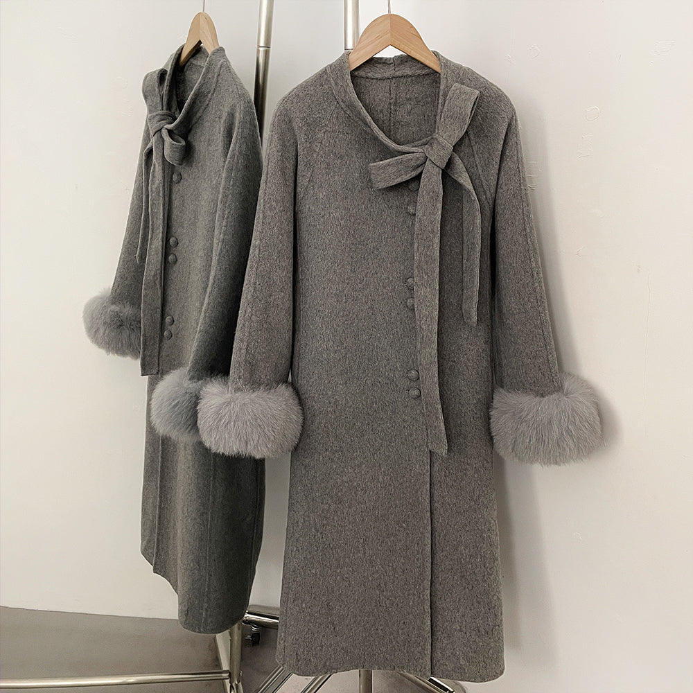 OFTBUY New Women's Double-Faced Wool Coat with Real Fox Fur Design Belted Bow Warm Winter Elegant Fashion Outerwear Woolen Coat