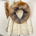 OFTBUY Thick Warm Mid-Long Puffer Coat Real Fox Fur Collar White Duck Down Coat Female Loose Warm Hooded Parkas With Belt