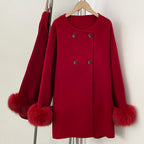 OFTBUY New Women's Double-Faced Wool Coat with Real Fox Fur Cuffs Round Neck Warm Winter Elegant Fashion Outerwear Woolen Coat