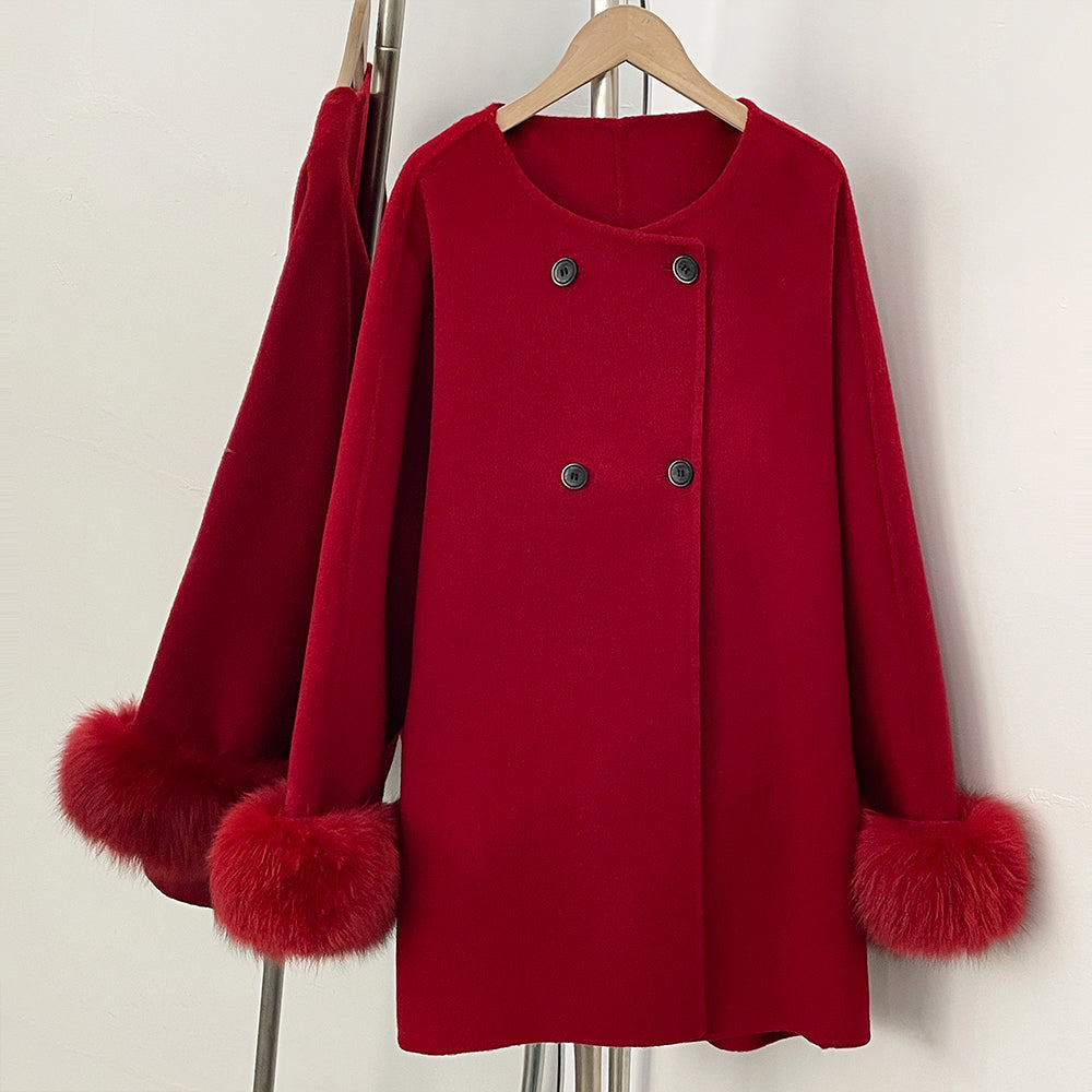 OFTBUY New Women's Double-Faced Wool Coat with Real Fox Fur Cuffs Round Neck Warm Winter Elegant Fashion Outerwear Woolen Coat