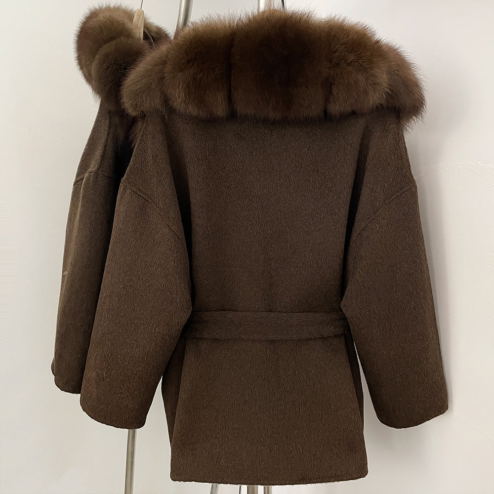 OFTBUY Belt Real Fox Fur Wool Coat Female New Autumn Winter Warm Clothes Women Natural Fox Fur Collar Cashmere Woolen Jacket